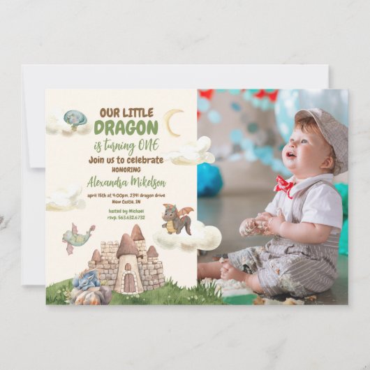 Foto Waterverf Dragon Baby 1e Verjaardag Kaart (Voorkant)