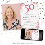 Foto Waterverf Floral Pink 50th Birthday Party Kaart<br><div class="desc">Foto Waterverf Floral Pink 50th Birthday Party Invitation. Dompel jezelf onder in een delicate mix van waterverf tinten, overwegend roze, en ingewikkelde bloemdetails die een grillig tapijt van elegantie vormen. Verhoog de persoonlijke touch met een aangepaste foto, en weef naadloos gekoesterde herinneringen in het ontwerp van de uitnodiging. Dit vrouwelijke...</div>