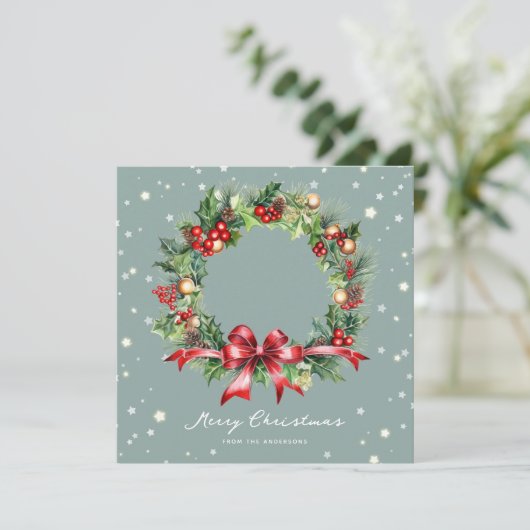 Foto Waterverf krans Merry Christmas Kaart (Staand voorkant)