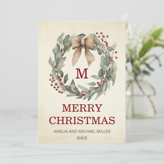 Foto Waterverf krans Merry Christmas Kaart (Staand voorkant)