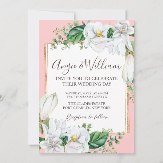 Foto Waterverf Magnolia Blush QR Code Wedding Kaart (Voorkant)