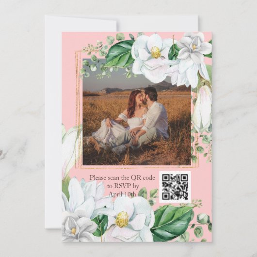 Foto Waterverf Magnolia Blush QR Code Wedding Kaart (Achterkant)