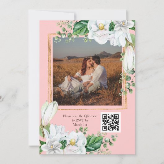 Foto Waterverf Magnolia Blush QR Code Wedding Kaart (Achterkant)