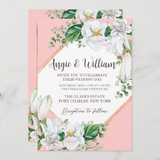 Foto Waterverf Magnolia Blush QR Code Wedding Kaart (Voorkant / Achterkant)