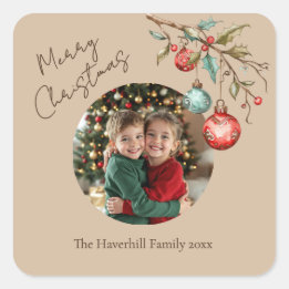 Foto Waterverf Ornamenten Kerst Chic Beige Vierkante Sticker