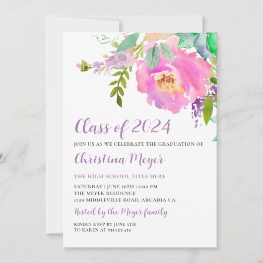 Foto waterverf Pink Floral Gradual Party Kaart (Voorkant)