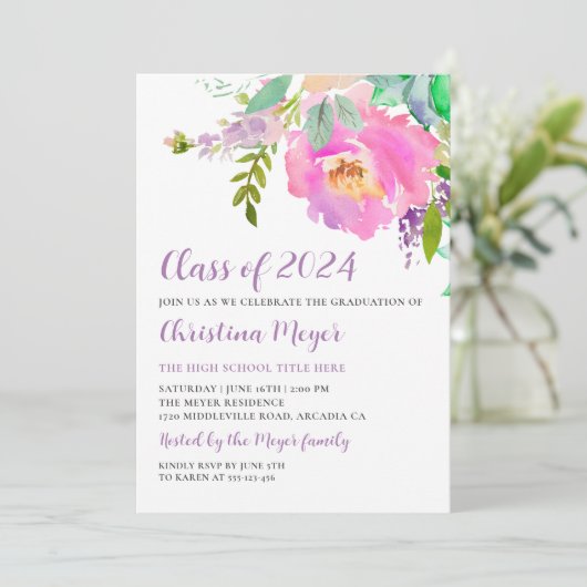 Foto waterverf Pink Floral Gradual Party Kaart (Staand voorkant)