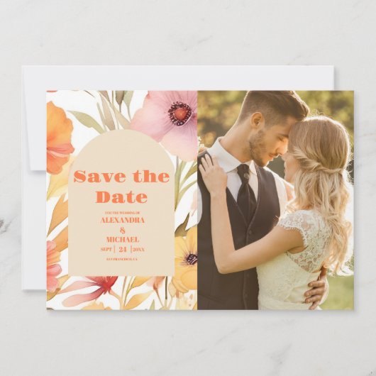 Foto Waterverf Roze Sinaasappel Wildflowers Bruilo Save The Date (Voorkant)