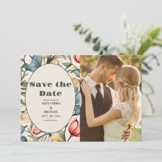 Foto Waterverf Tulpen William Morris Bruiloft Save The Date (Staand voorkant)