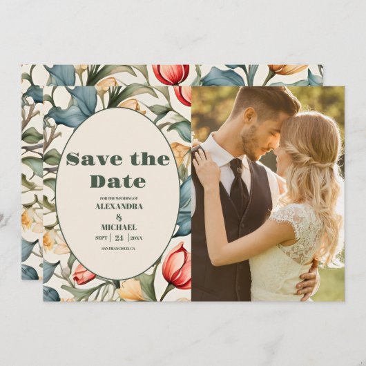 Foto Waterverf Tulpen William Morris Bruiloft Save The Date (Voorkant / Achterkant)