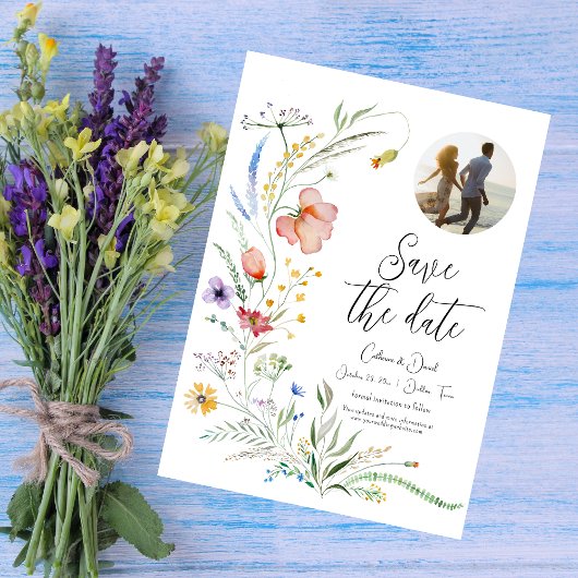 Foto Waterverf Wildflower Elegant Script Wedding Save The Date