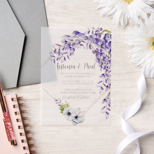 Foto Waterverf Wisteria Blooms QR Code Wedding Vellum Uitnodigingen (Huwelijk)