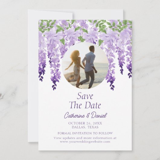 Foto Waterverf Wisteria Floral Script Wedding Save The Date (Voorkant)