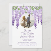 Foto Waterverf Wisteria Floral Script Wedding Save The Date (Voorkant)