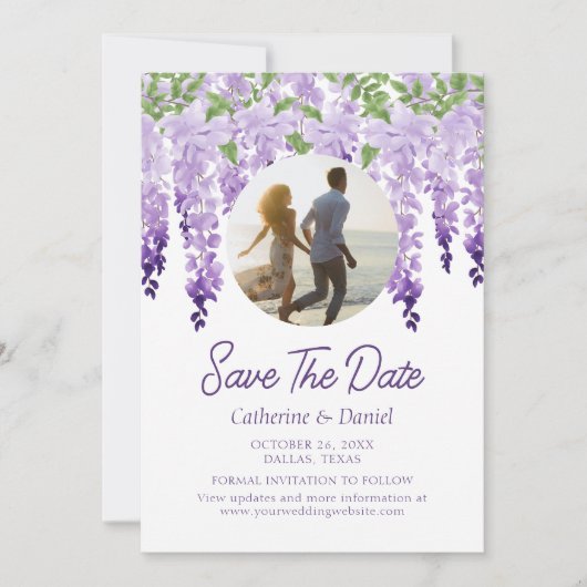Foto Waterverf Wisteria Floral Script Wedding Save The Date (Voorkant)