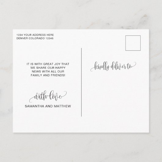 Foto, We Gaan Trouwen Witte Calligrafie Aankondigingskaart (Achterkant)