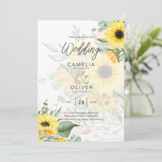 Foto Weddenschap met zonnebloemen Kaart (Staand voorkant)