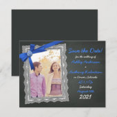 Foto Weddenschap Save the Date Chalkboard Blue Bow Kaart (Voorkant / Achterkant)
