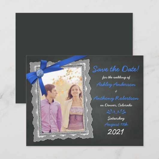 Foto Weddenschap Save the Date Chalkboard Blue Bow Kaart (Voorkant / Achterkant)