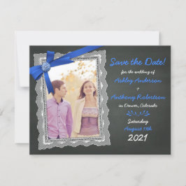 Foto Weddenschap Save the Date Chalkboard Blue Bow Kaart