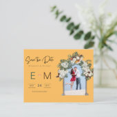 Foto Weddenschap Save the Date Yellow Tropical Flo Briefkaart (Staand voorkant)