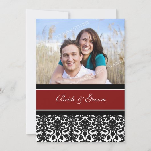 Foto Weddenschappen Invitaties Red Black Damask Kaart (Voorkant)