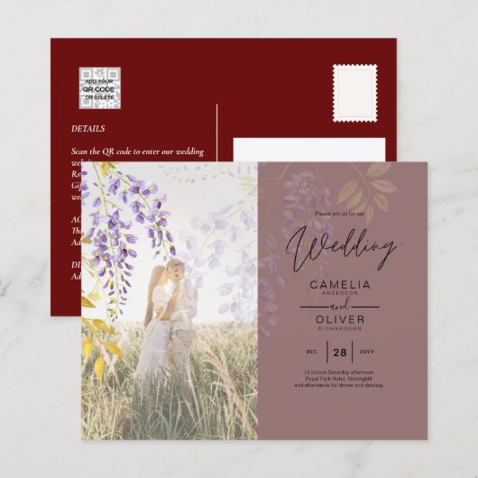 FOTO WEDDING INVITATION Wisteria Floral BUDGET (Voorkant / Achterkant)
