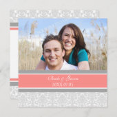 Foto Wedding Invitations Coral Grey Damask Kaart (Voorkant / Achterkant)