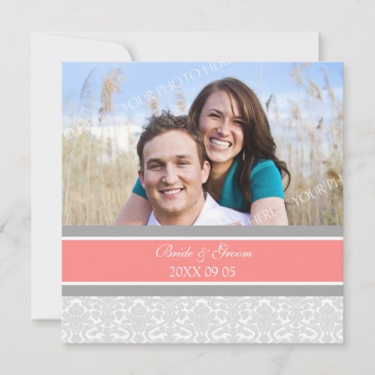 Foto Wedding Invitations Coral Grey Damask Kaart (Voorkant)