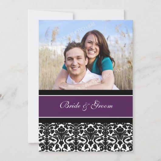 Foto Wedding Invitations Plum Black Damask Kaart (Voorkant)
