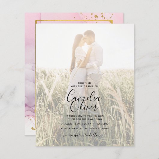 FOTO WEDDING INVITE Pink Paars Lavender Gold INK (Voorkant / Achterkant)