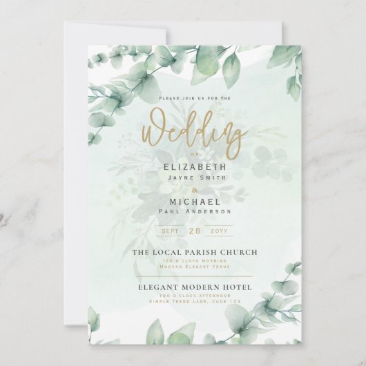 Foto Wedding nodigt Greenery Gold Eulcalyptus uit Kaart (Voorkant)