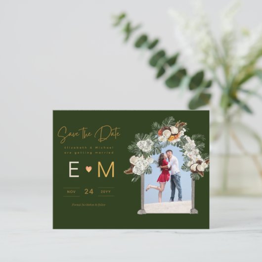 Foto Wedding Save the Date Emerald Green Floral Briefkaart (Staand voorkant)