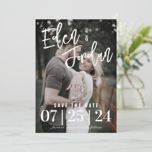 Foto Wedding Save the Date | Faux Vellum Overlay Kaart (Staand voorkant)