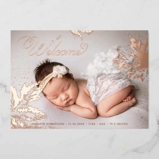 Foto Welkom Baby Roos Gold Foil Leaves Birth Folie Uitnodiging (Voorkant)