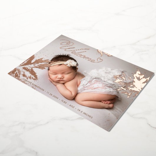 Foto Welkom Baby Roos Gold Foil Leaves Birth Folie Uitnodiging (Gedraaid)