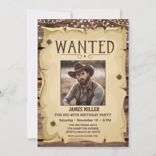 Foto Western Funny Wanted Poster 40th Birthday Kaart (Voorkant)