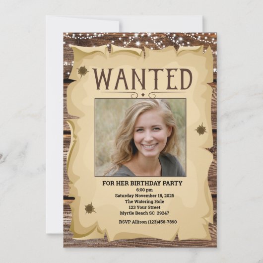 Foto Western Funny Wanted Poster Birthday Party Kaart (Voorkant)