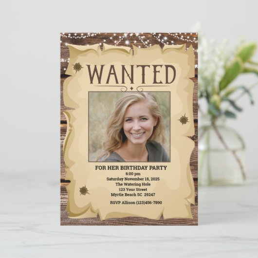 Foto Western Funny Wanted Poster Birthday Party Kaart (Staand voorkant)