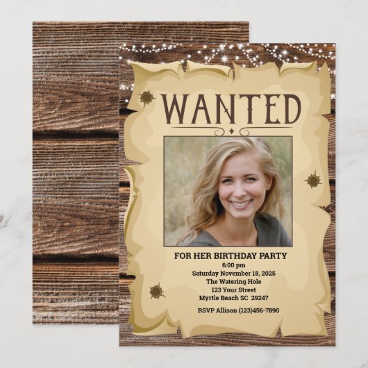 Foto Western Funny Wanted Poster Birthday Party Kaart (Voorkant / Achterkant)