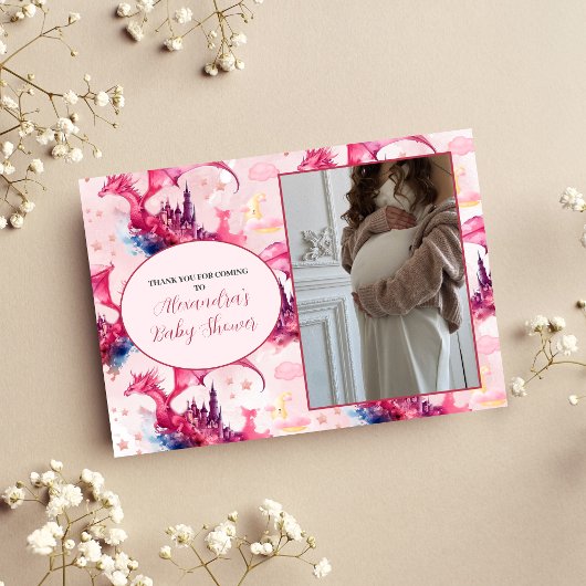 Foto Whimsical Pink Dragon Baby shower Bedankkaart