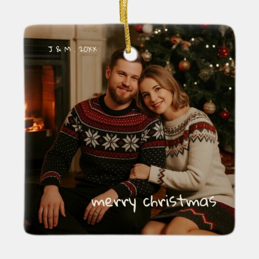 Foto Whimsical Red Doodle Kerstmis getrouwd Keramisch Ornament (Voorkant)