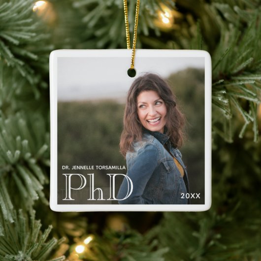 Foto: White Border PhD gradennaam Jaar Afstuderen Keramisch Ornament (Boom)