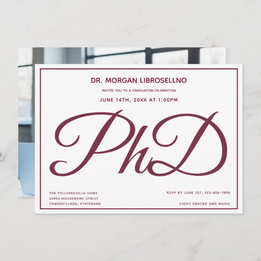 Foto: White Burgundy PhD Graduation Party Kaart (Voorkant / Achterkant)