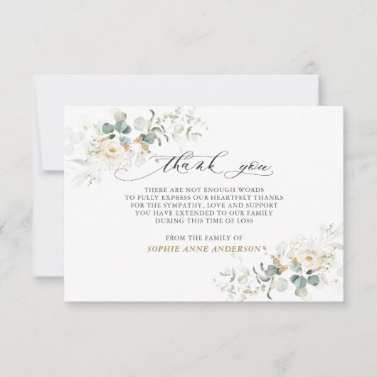 Foto: White Floral Greenery Gold in Loving Memory Bedankkaart (Voorkant)