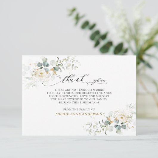 Foto: White Floral Greenery Gold in Loving Memory Bedankkaart (Staand voorkant)