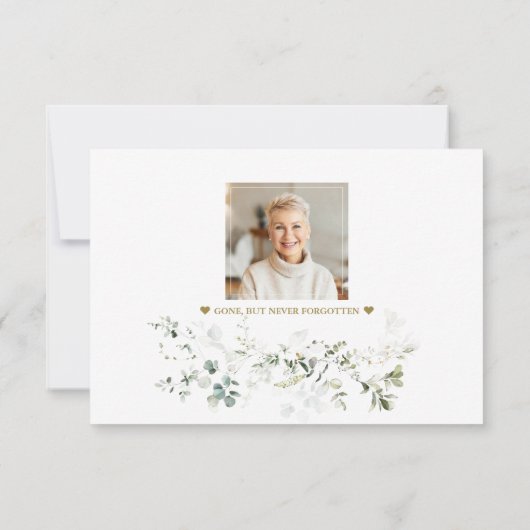Foto: White Floral Greenery Gold in Loving Memory Bedankkaart (Achterkant)