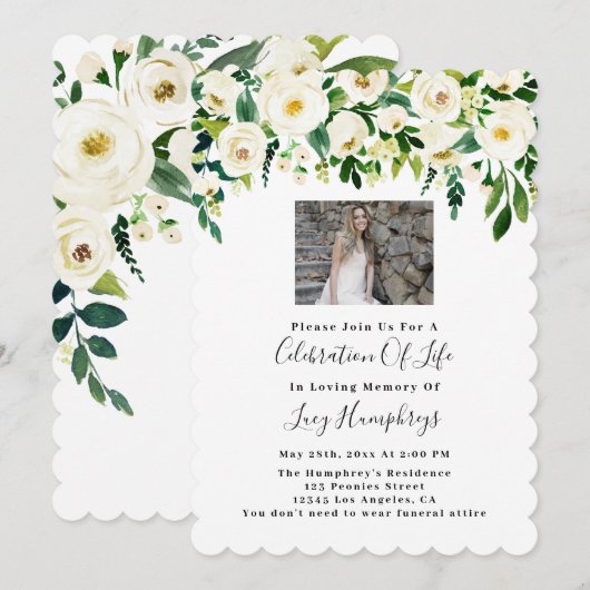 Foto: White Waterverf Flowers Celebration of Life Kaart (Voorkant / Achterkant)