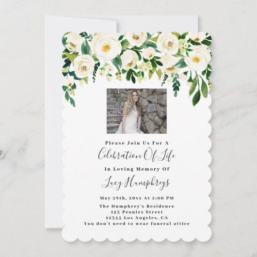 Foto: White Waterverf Flowers Celebration of Life Kaart (Voorkant)