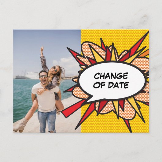 Foto wijziging datum uitgesteld leuk stripboek briefkaart (Voorkant)